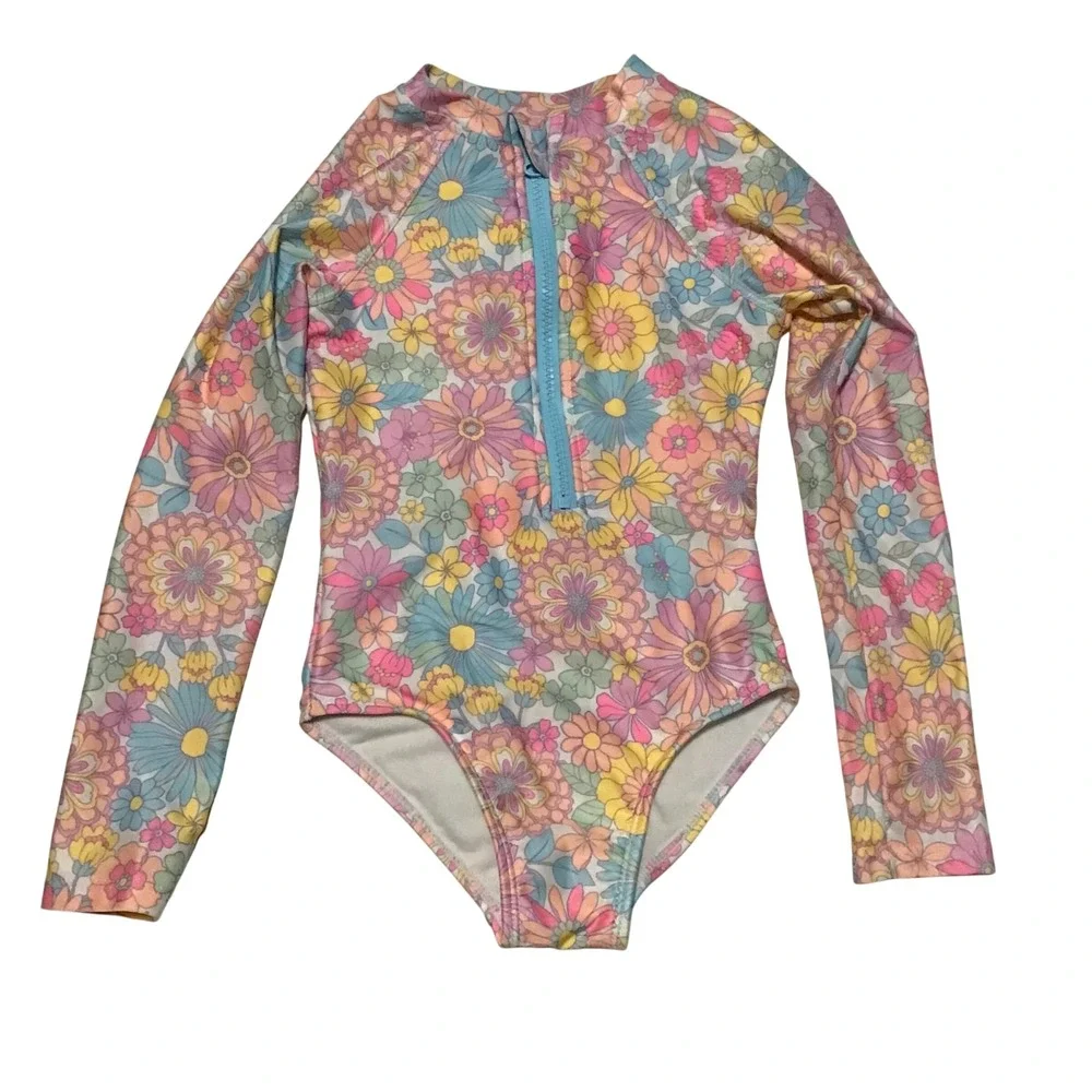 Wonder Nation Kids Floral Long Sleeve One Piece Swimsuit XS 4-5 Retro Pastel Zip